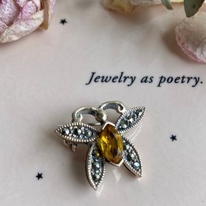 Vintage Deco Style Butterfly Pin - Silver + Amber